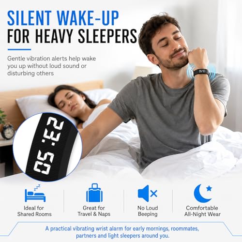 Black Vibrating Alarm Wristband for Heavy Sleepers – Silent Wake-up Watch, Fitness Reminder