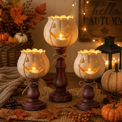 3PCS Pumpkin Tealight Candle Holder Set for Fall & Halloween Decor