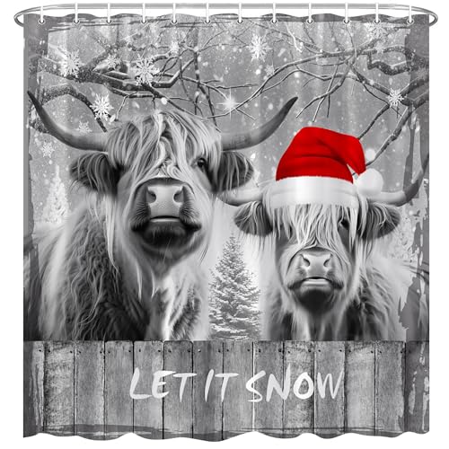 Christmas Highland Cow Shower Curtain 70x70 Inch - Grey Bathroom Decor