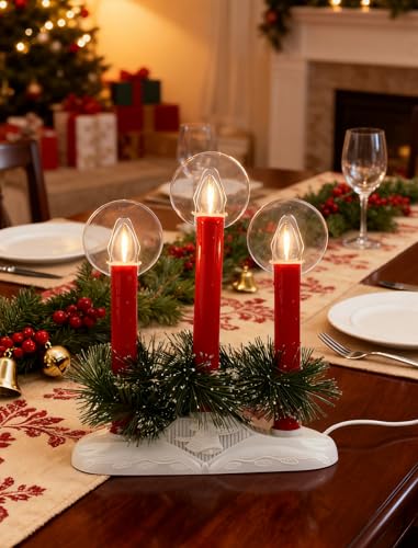Christmas Window Candles Set - Red Electric Candle Lights with 3 Bulbs - Safe & Flicker-Free, Plug-In Holiday Decor