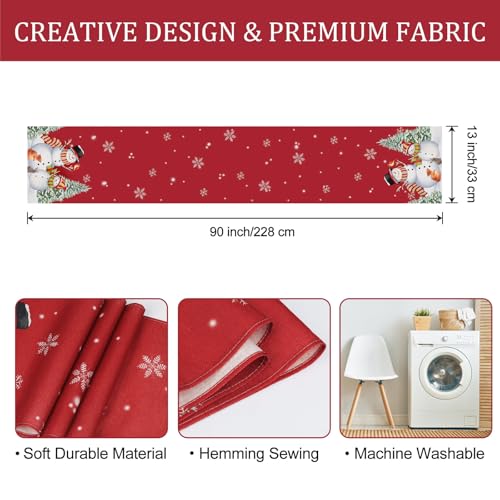 Red Snowman Christmas Table Runner 13x90 Inch Pine Trees Snowflakes Holiday Decor - Variation: Red Snowman-1