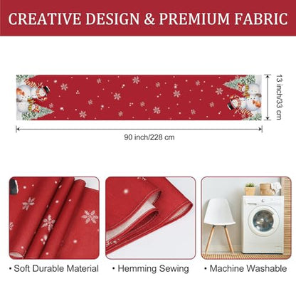 Red Snowman Christmas Table Runner 13x90 Inch Pine Trees Snowflakes Holiday Decor - Variation: Red Snowman-1