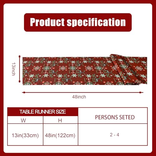 Christmas Table Runner Red with Reindeer Snowflake Geometric Pattern 13x48 Inches - Farmhouse Holiday Decor