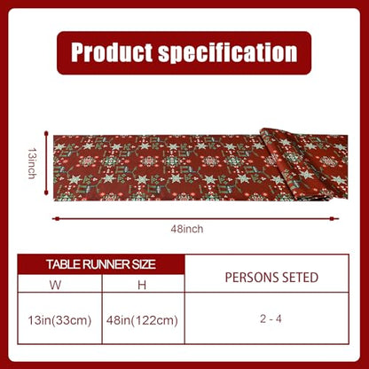Christmas Table Runner Red with Reindeer Snowflake Geometric Pattern 13x48 Inches - Farmhouse Holiday Decor