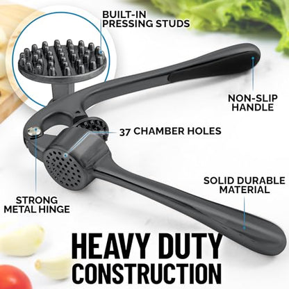 Zulay Kitchen Premium Garlic Press Set - Rust Proof & Dishwasher Safe Professional Garlic Mincer Tool - Easy-Squeeze, Easy-Clean with Soft, Ergonomic Handle - Silicone Garlic Peeler & Brush-Dark Gray