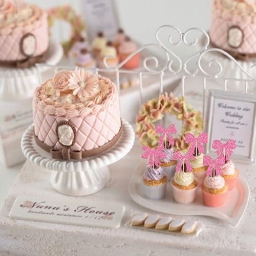 Pink Christmas Bowknot Cupcake Toppers 24 Pack - Holiday Party Decorations