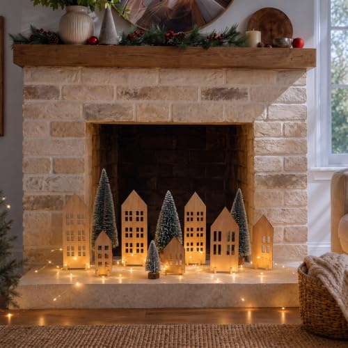 12-Piece Wooden Christmas Village Set with LED Lights and Mini Trees