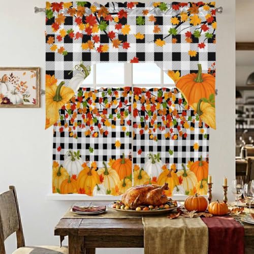 Black Orange Fall Pumpkins Window Curtains Set 3 Pieces - 27.5W x 36L