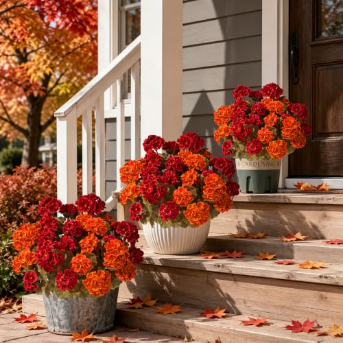 Artificial Geranium Flowers for Outdoors 12-Pack Fall Garden Decor with Red & Orange Variations