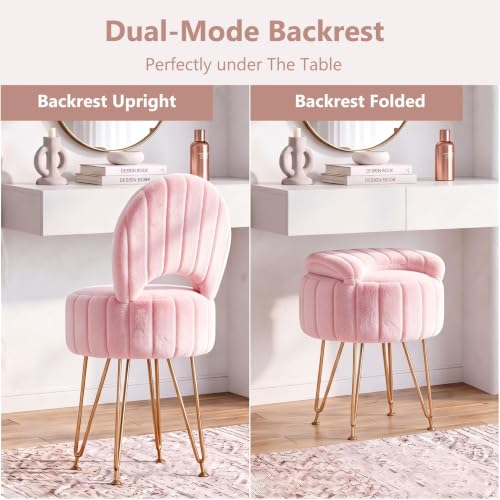 Pink Faux Fur Vanity Stool with Storage and Folding Backrest