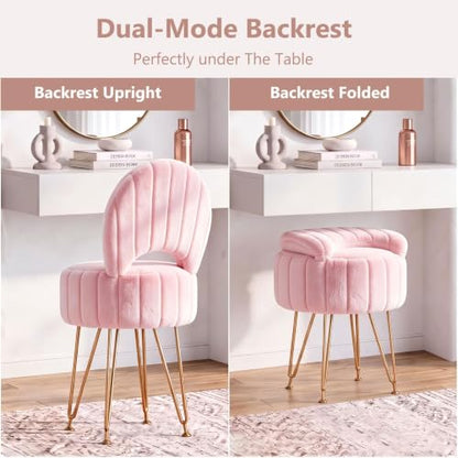 Pink Faux Fur Vanity Stool with Storage and Folding Backrest