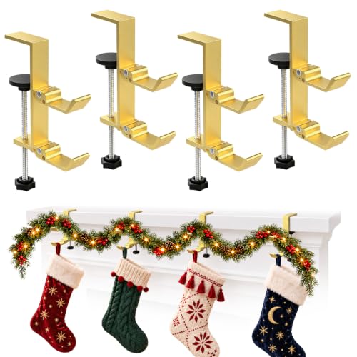MIAOW Gold 4 Pack Stocking Holders for Mantle, Garland Hooks & Hangers
