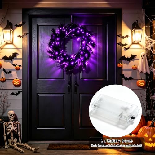 26-Inch Halloween Wreath with Lights, Black Pampas Decor, Boho Front Door Decoration