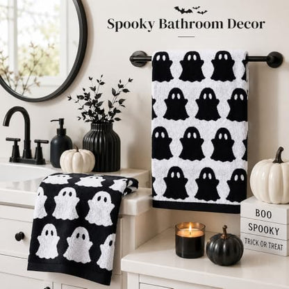 Halloween Ghost Hand Towels Set - Black & White Cotton Decorative Kitchen & Bathroom Towels