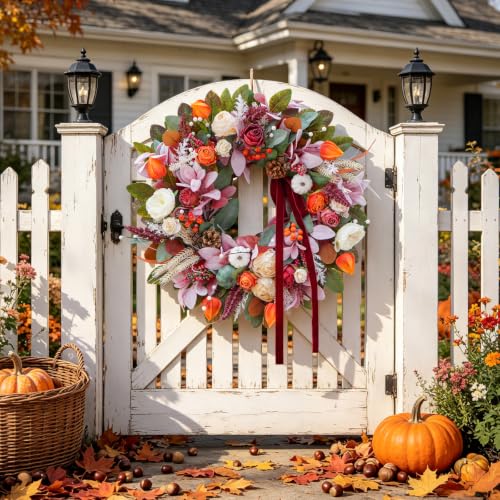 24 Inch Fall Door Wreath with Red Bow - Autumn Harvest Thanksgiving Decor