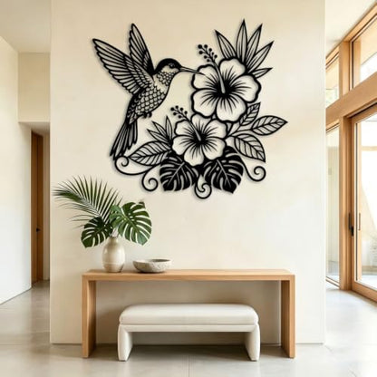 Black Metal Hummingbird Hibiscus Flower Wall Art - Tropical Garden Decor