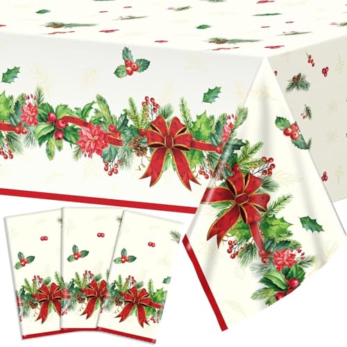 Christmas Tablecloth Holly and Pine Cone Waterproof Holiday Table Cover 108x54 Inch - 3 Pieces