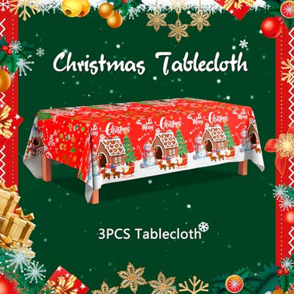 Christmas Tablecloths Set - 3 Rectangular Snowman Santa Festive Decor 54x108 Inches