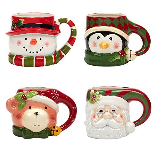 Holiday Mug Set - 4 Ceramic 18 oz. Santa Snowman Teddy Bear Penguin