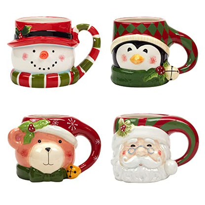 Holiday Mug Set - 4 Ceramic 18 oz. Santa Snowman Teddy Bear Penguin