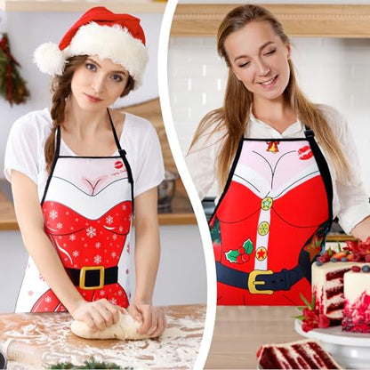 Christmas Aprons Set - 4 Reusable Holiday Kitchen Cooking Aprons for Adults