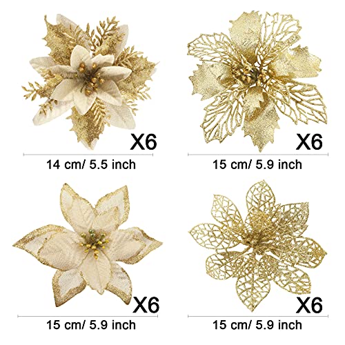Gold Christmas Poinsettia Tree Decorations Set - 24 Glitter Artificial Flowers with Clips