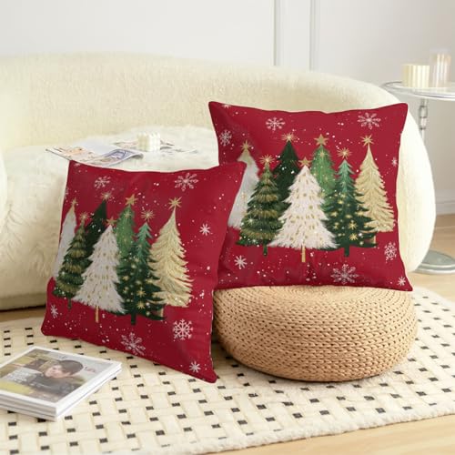 Red Christmas Pillow Covers 18x18 Set of 2 Watercolor Xmas Tree Snowflakes Holiday Cushion Cases - Variation of Christmas Tree Red / 18" x 18"
