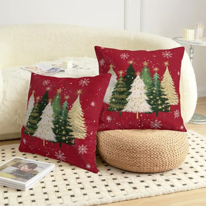 Red Christmas Pillow Covers 18x18 Set of 2 Watercolor Xmas Tree Snowflakes Holiday Cushion Cases - Variation of Christmas Tree Red / 18" x 18"