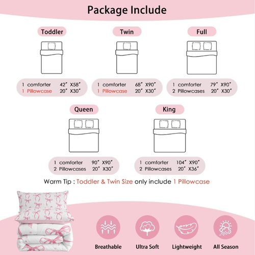 Erosebridal Twin Bedding Set - Cute Pink Bow Comforter for Girls | Kawaii Room Decor with 1 Pillowcase