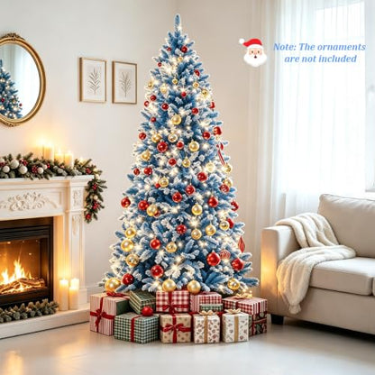 7Ft Snow Flocked Artificial Blue Christmas Tree Pre-Lit with 8 Lighting Styles