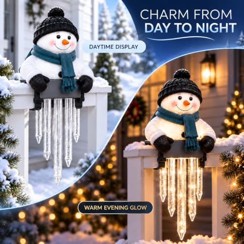 2-Pack Lighted Snowman Railing Decor with Icicle Lights - Winter Holiday