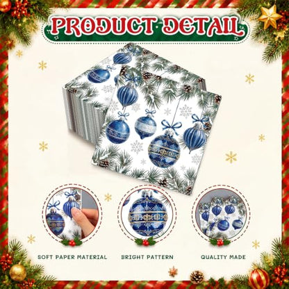 Kisston 200 Pcs Christmas Disposable Cocktail Napkins Vintage Blue