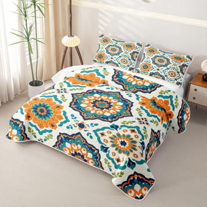 Mandala Floral Quilt Set Full Vintage Damask Bedspread - Green Yellow Teal