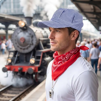 Adult Train Conductor Hat and Bandana Set - Blue Red Cosplay Costume Accessory