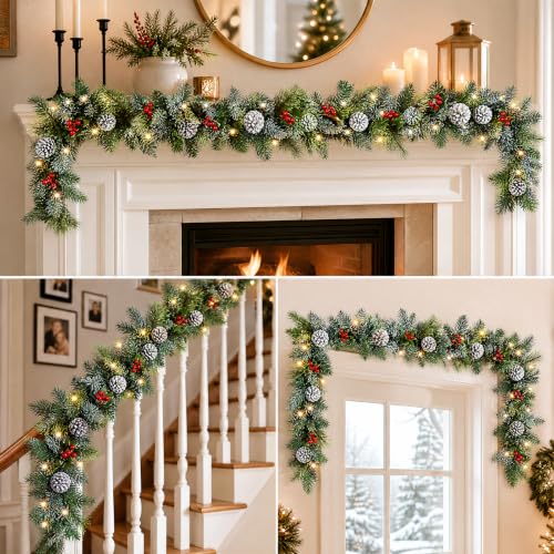 9ft Flocked Artificial Christmas Garland with Lights, Pre-Lit Snow-Frosted Decor