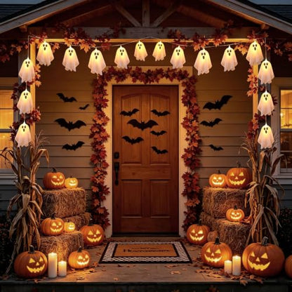 Ghost LED Light Up Garland - Halloween Decoration, 9.8ft, 20 Ghosts, Battery Powered, Handmade