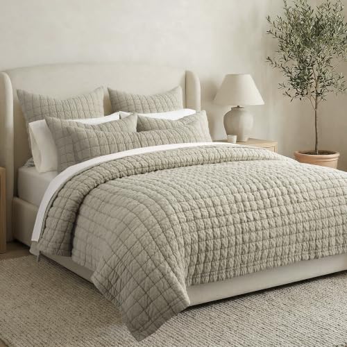 Taupe Reversible Cotton Quilt Set - King/Cal King with 2 Shams - Textured Grid Pattern