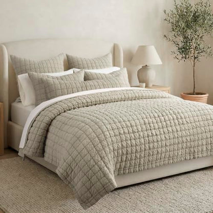 Taupe Reversible Cotton Quilt Set - King/Cal King with 2 Shams - Textured Grid Pattern