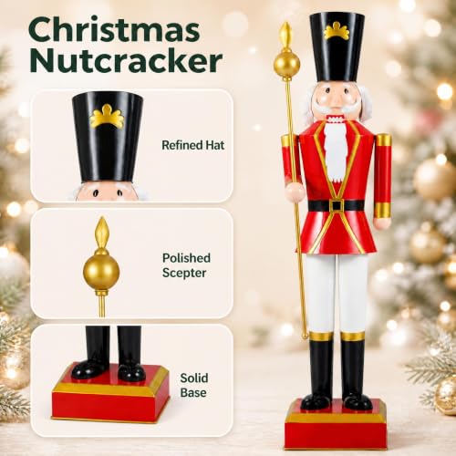 4 Ft Christmas Nutcracker Figure with Scepter & Hat - Red, Indoor Outdoor Decor