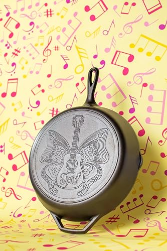 Lodge 12 Inch Dolly Parton Pre-Seasoned Cast Iron Stamped Skillet - Signature Teardrop Handle - Use in the Oven, on the Stove, on the Grill, or Over a Campfire, Black