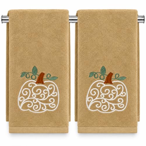 Fall Hand Towels with Scroll Pumpkin Embroidery - Cream, Rust & Green Leaves - 16x25 Inch