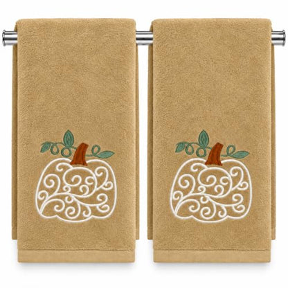 Fall Hand Towels with Scroll Pumpkin Embroidery - Cream, Rust & Green Leaves - 16x25 Inch