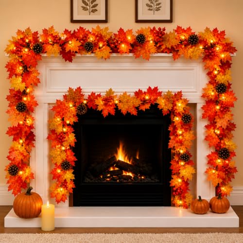 Lush Fall Garland with Lights, Pinecones & Berries - 108 Inches, Connectable, UL Certified