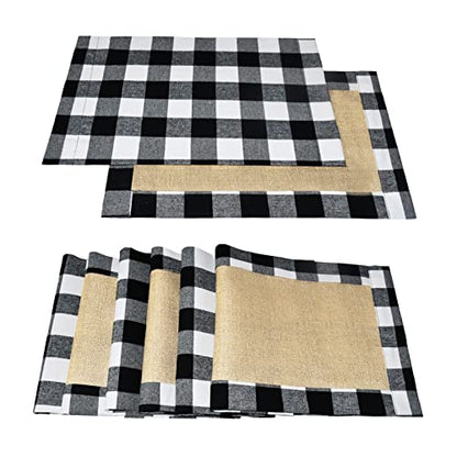 Set of 6 Reversible Christmas Placemats - Black & White Buffalo Check