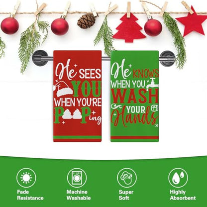 Christmas Bathroom Dish Towels Set of 2 - Funny Holiday Kitchen Decor