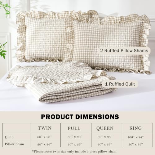 WINLIFE Tan Brown Gingham Twin Quilt Set with Ruffles - 68x90 Inches