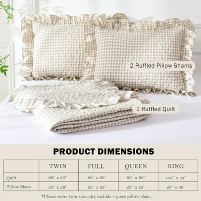 WINLIFE Tan Brown Gingham Twin Quilt Set with Ruffles - 68x90 Inches