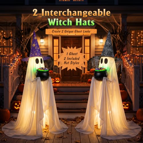 Halloween Ghost Decor with Lighted Cauldron - 53 Inch Large Trick-or-Treat Display