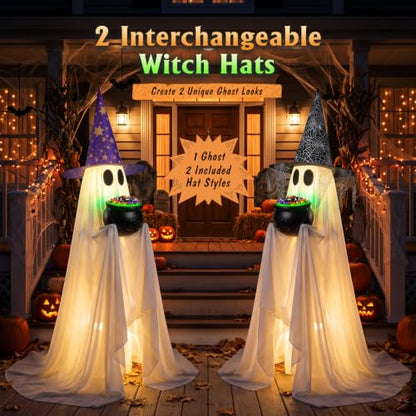 Halloween Ghost Decor with Lighted Cauldron - 53 Inch Large Trick-or-Treat Display