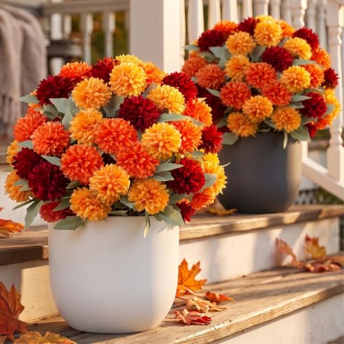 Artificial Fall Flowers Topiary Balls - Fake Mums for Outdoors, Orange, 2 Pack